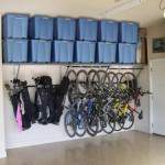 organized garage with ceiling and wall storage solutions.