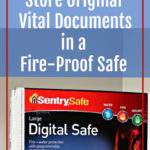 A new fireproof safe in packaging. Text overlay "organize for an emergency: Why you should store vital documents in a fireproof safe".