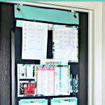door with hanging organizer full of papers with text overlay "The must have components of a household command center"