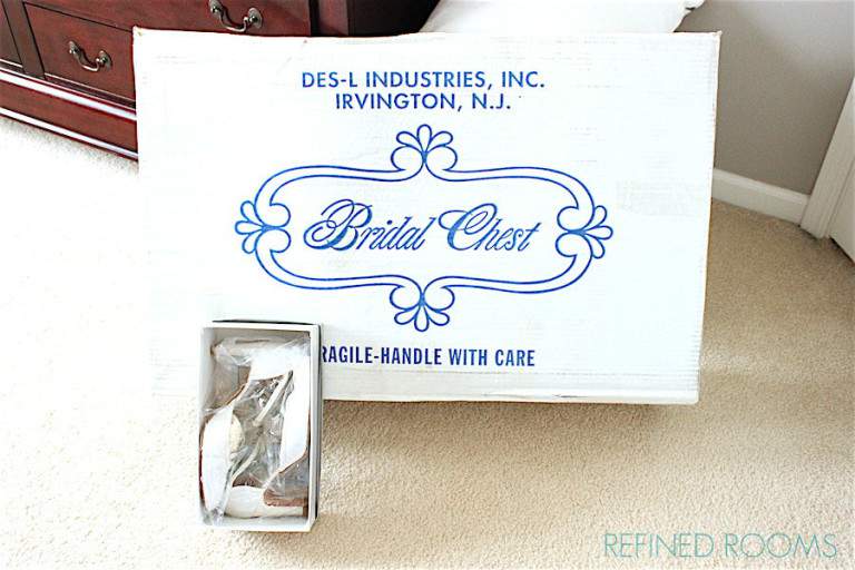 bridal chest box storing a wedding dress.