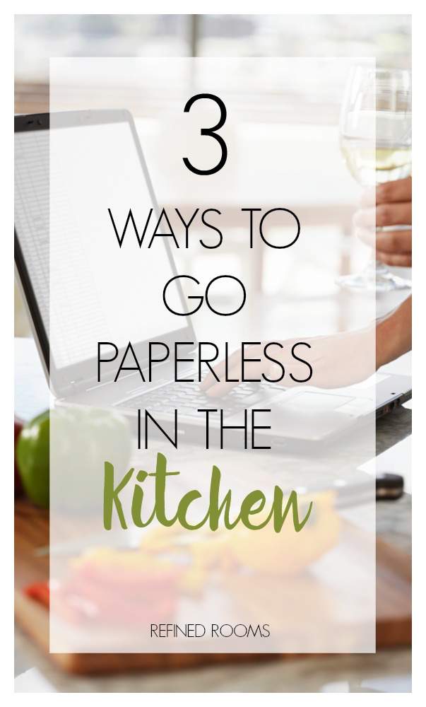 woman looking up a recipe on a laptop - text "3 ways to go paperless in the kitchen".