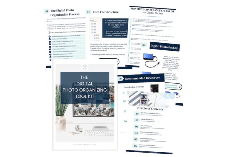 content pages of the Digital Photo Organizing Tool Kit displayed in a mock up.