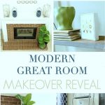 collage of decorated great room with text overlay "Modern Great Room Makeover Reveal"