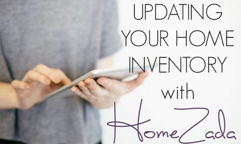 woman typing on tablet - text "updating your home inventory with HomeZada".