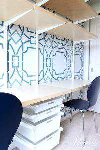 Completed Elfa shelving unit and desk area.