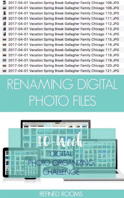 Follow along in the 10-week Digital Photo Organizing Challenge! In week 7, we rename digital photo files to make them searchable | #digitalphotos #photoorganizing