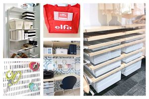 collage of elfa storage products.