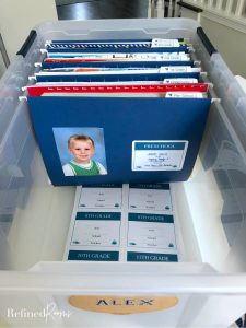 view of inside a storage bin containing labeled hanging file folders to organize school papers by grade.