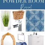 mood board for room makeover - text "modern coastal powder room reveal".