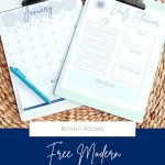 monthly calendar printable and daily planner printable on clipboards sitting on a table - text "free modern planning printables set".