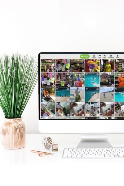 desktop computer displaying a collection of digital photos with a plant next to screen.
