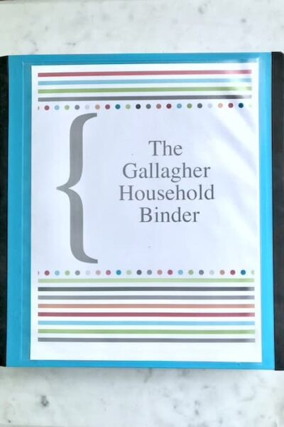 binder on countertop with cover that reads "The Gallagher Household Binder".