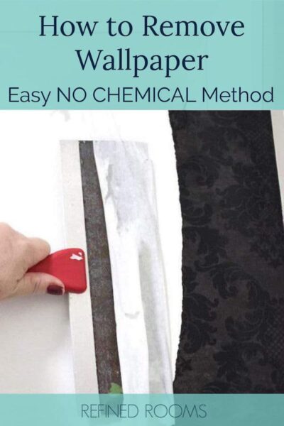 putty knife being used to remove wallpaper - text "How to Remove Wallpaper: Easy No Chemical Method".