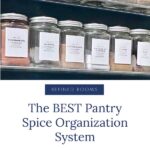 rows of labeled spice jars organized on a wall-mounted acrylic shelf system - text "The Best pantry spice organization system".