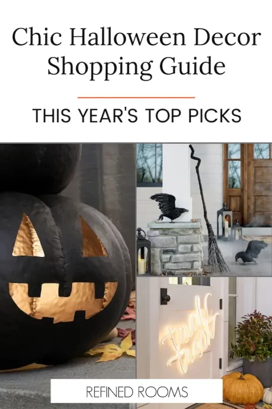 collage of elegant Halloween decor - text "Chic Halloween Decor Shopping Guide".