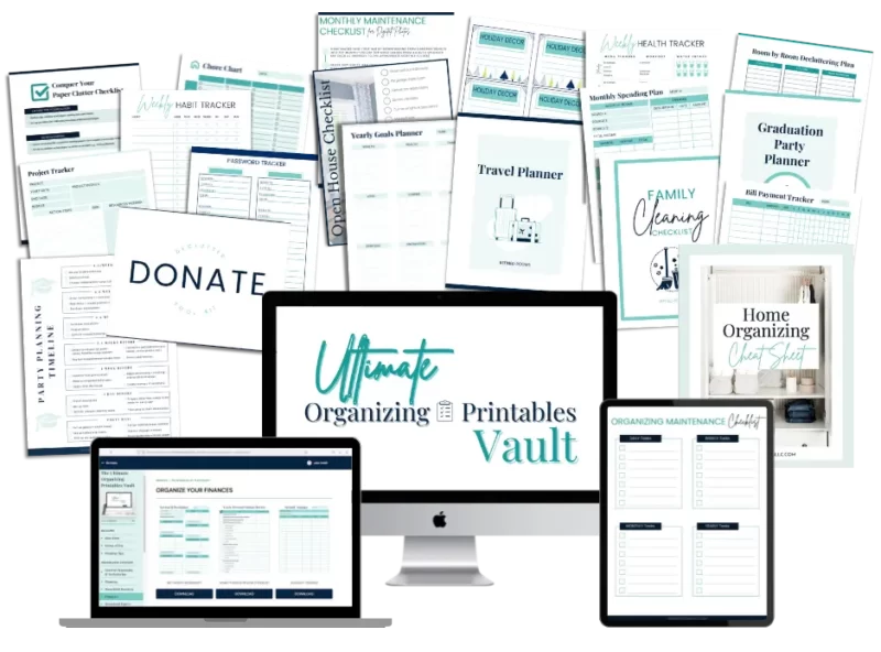 collage of printables from the Ultimate Organizing Printables Vault.