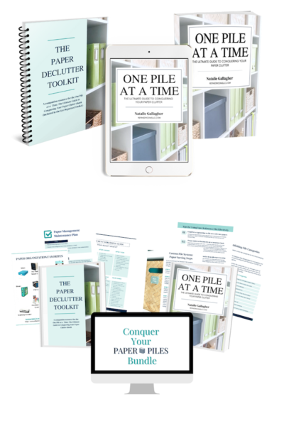 collage of products in the Conquer Your Paper Piles bundle.