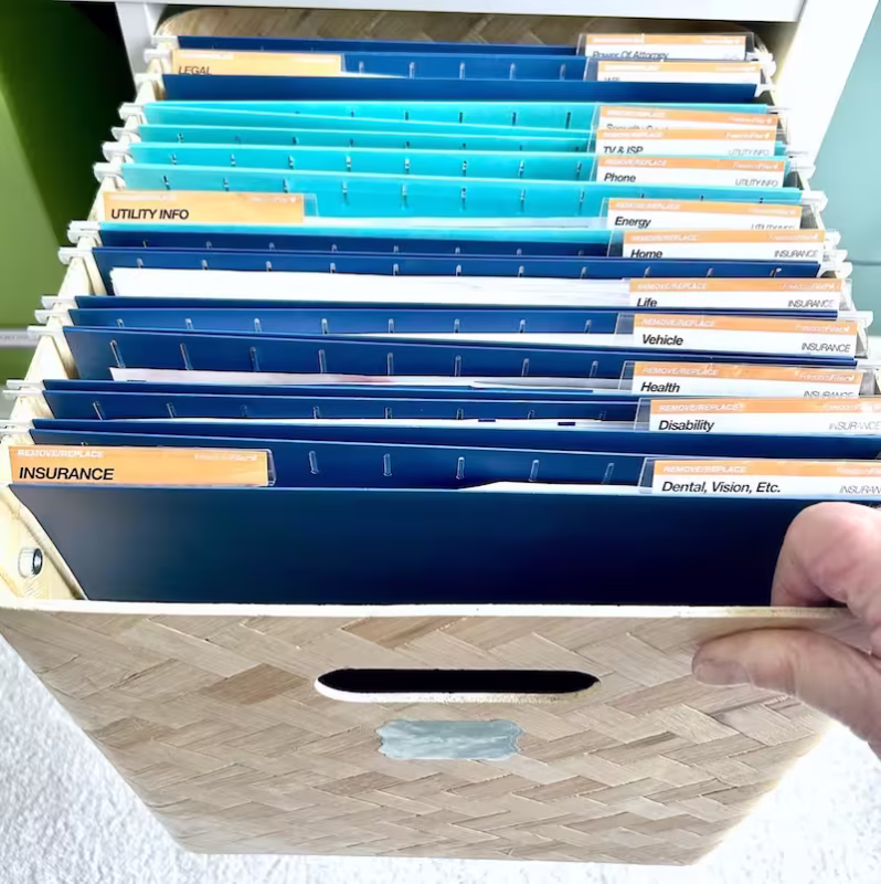 file organizing cube with Freedom Filer labels on colorful hanging files.
