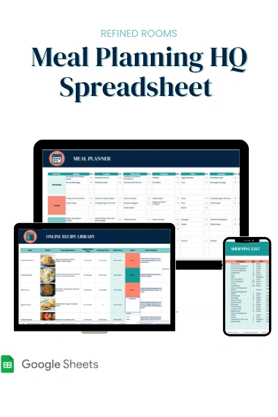Collage of screenshots of the Meal Planning HQ spreadsheet.