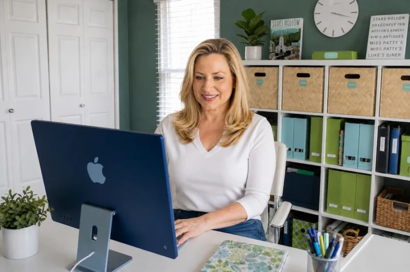 woman sitting at desk in home office typing on imac computer.