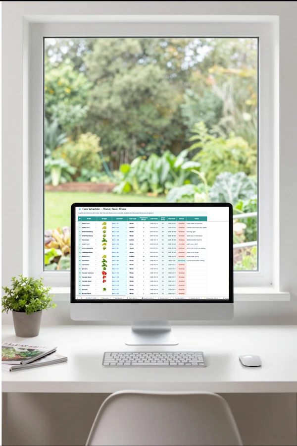 desk with a computer desktop displaying garden planner spreadsheet with garden window view in the background.